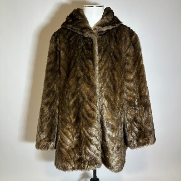 East 5th Brown Faux Fur Collared Hooded Overcoat Coat Long Sleeve Womens Size XL - Picture 1 of 12